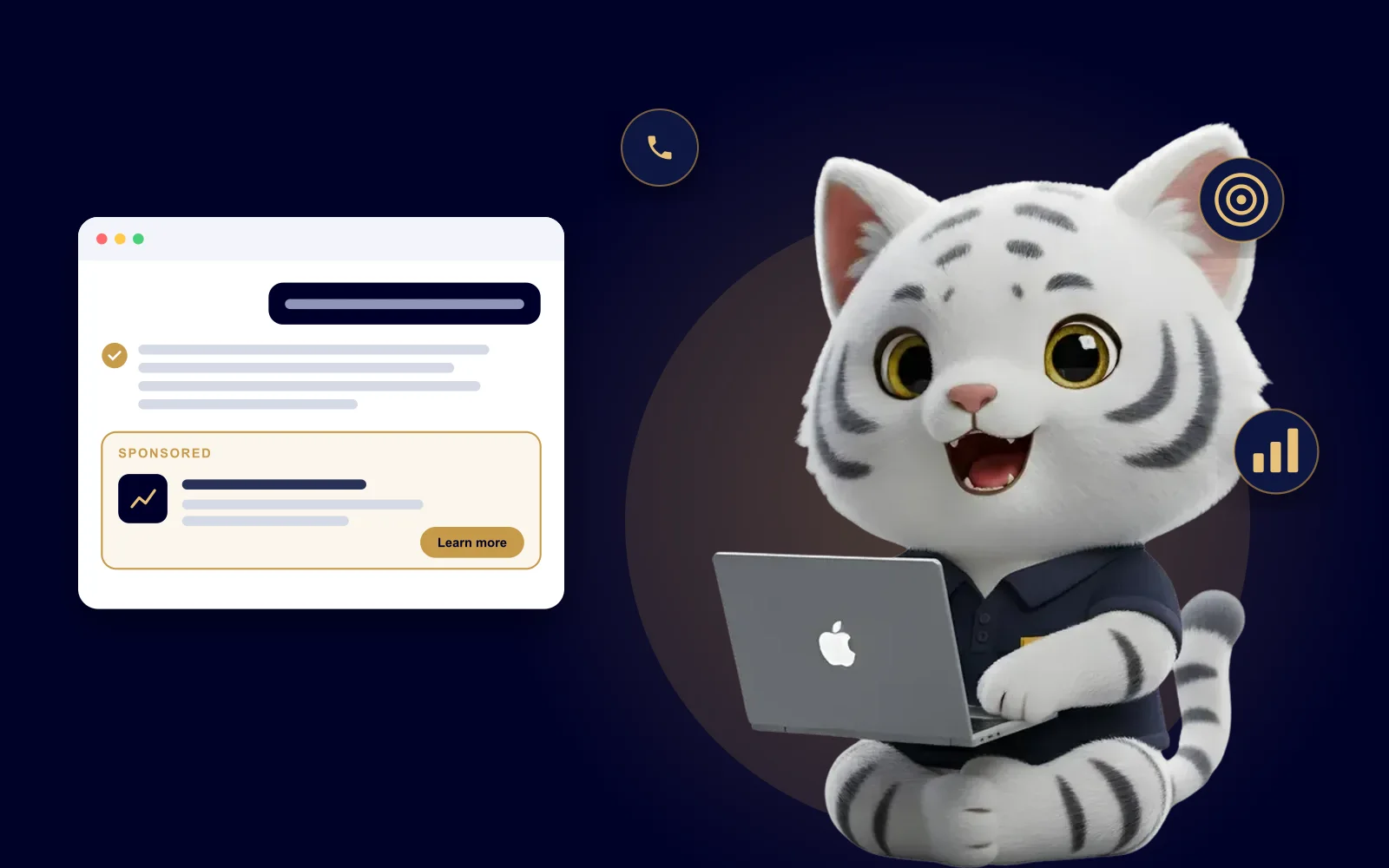 PGM tiger mascot managing ChatGPT Ads campaigns on a laptop